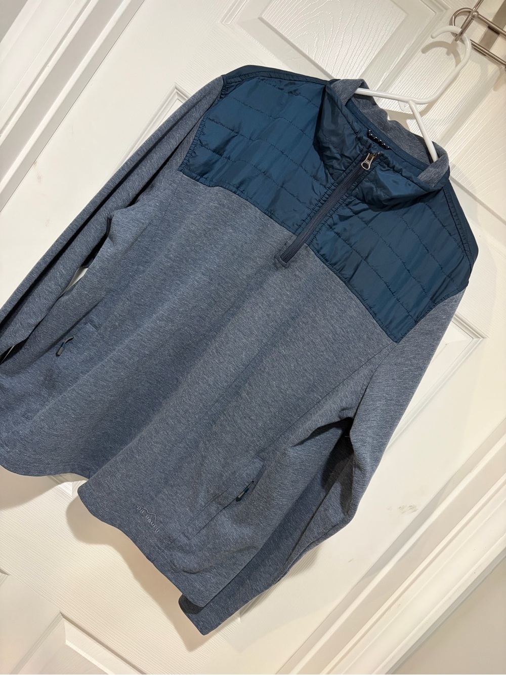 EDDIE BAUER Men's Quilted Yoke Quarter-Zip Pullover, Heather Blue & Navy